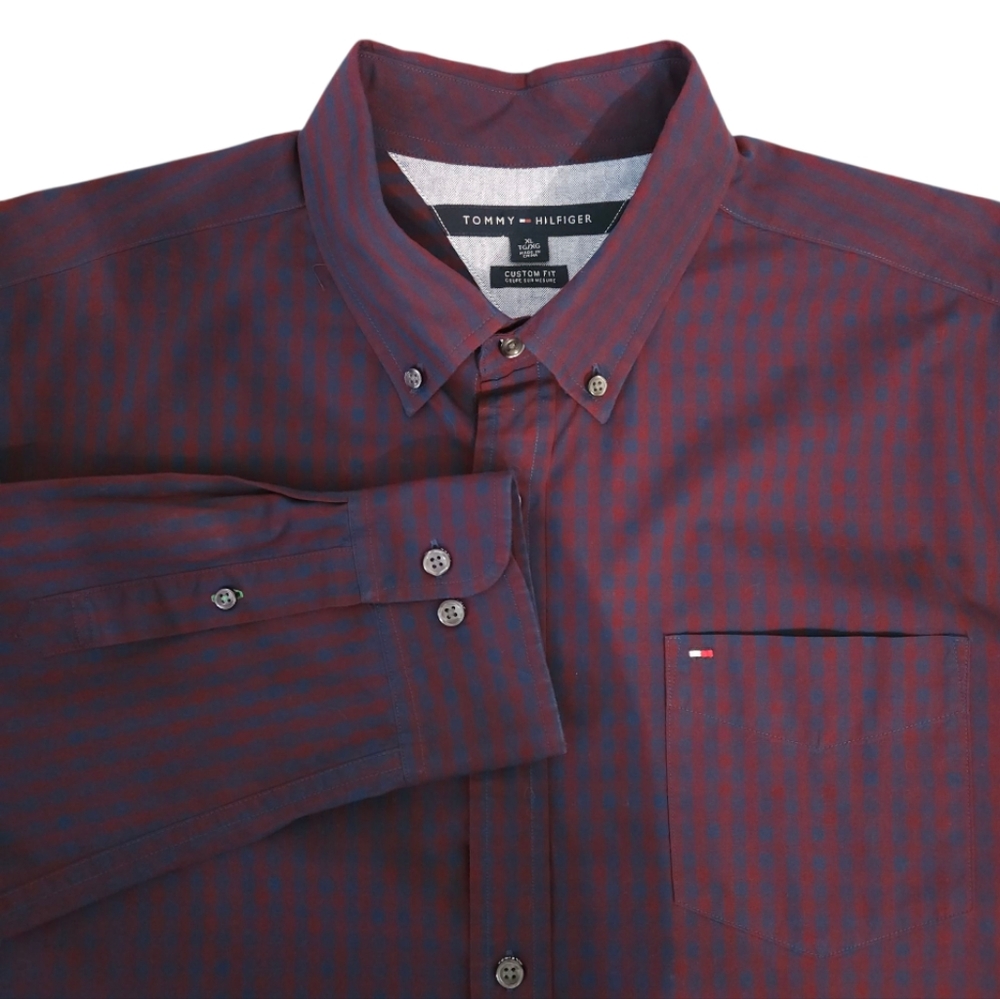Tommy Hilfiger Mens Custom Fit Button-Down Shirt XL Purple‎ Navy Microstripe